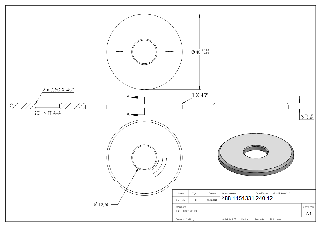 Ausgleichsstueck Ø 40 mm mit Bohrung 12-5 mm V2A-88-1151331-240.12