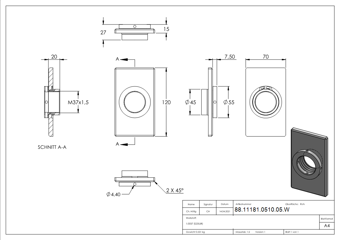 Montageplatte Stahl 70x120 mm eckig zum Anschweissen mit Gewinde-88-11181-0510-05.W