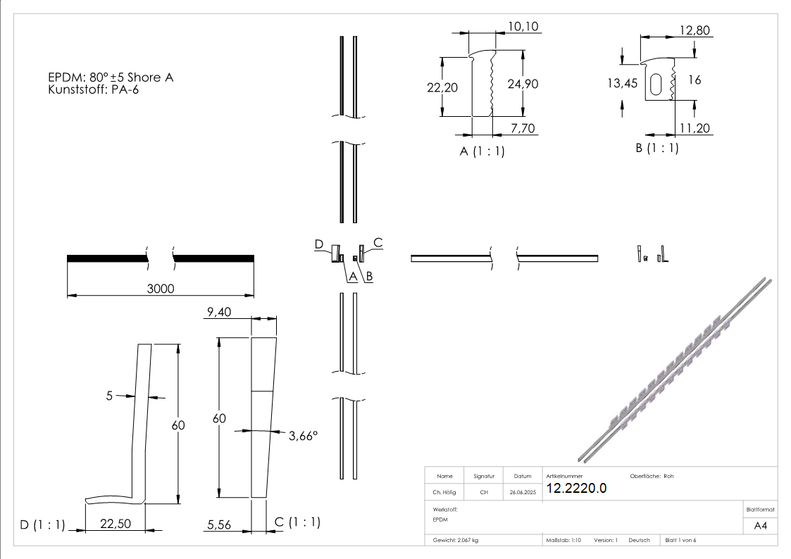Gummiset - fuer Glas- 12-76-13-52 mm - Laenge- 3000 mm-12-2220.0