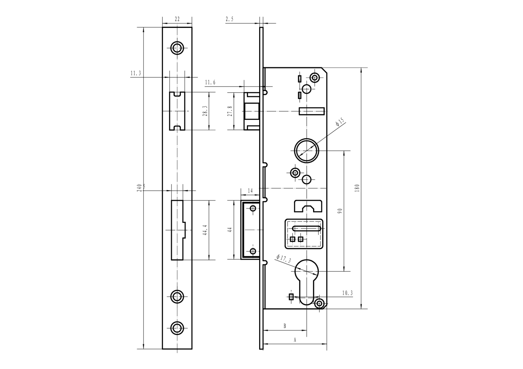 Einsteckschloss Edelstahl AISI 304 fuer Profil 50x30 mm- verzinkt- 90 mm Axialabstand-89-11B83035X90B-A.4