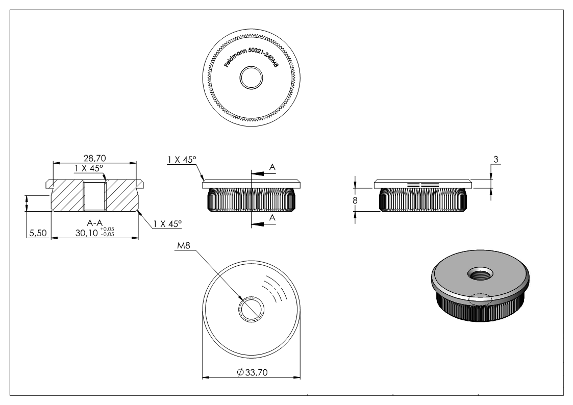 Rohrstopfen flach mit M8 fuer Ø 33-7x2-0 mm V2A-11-5120-A.4