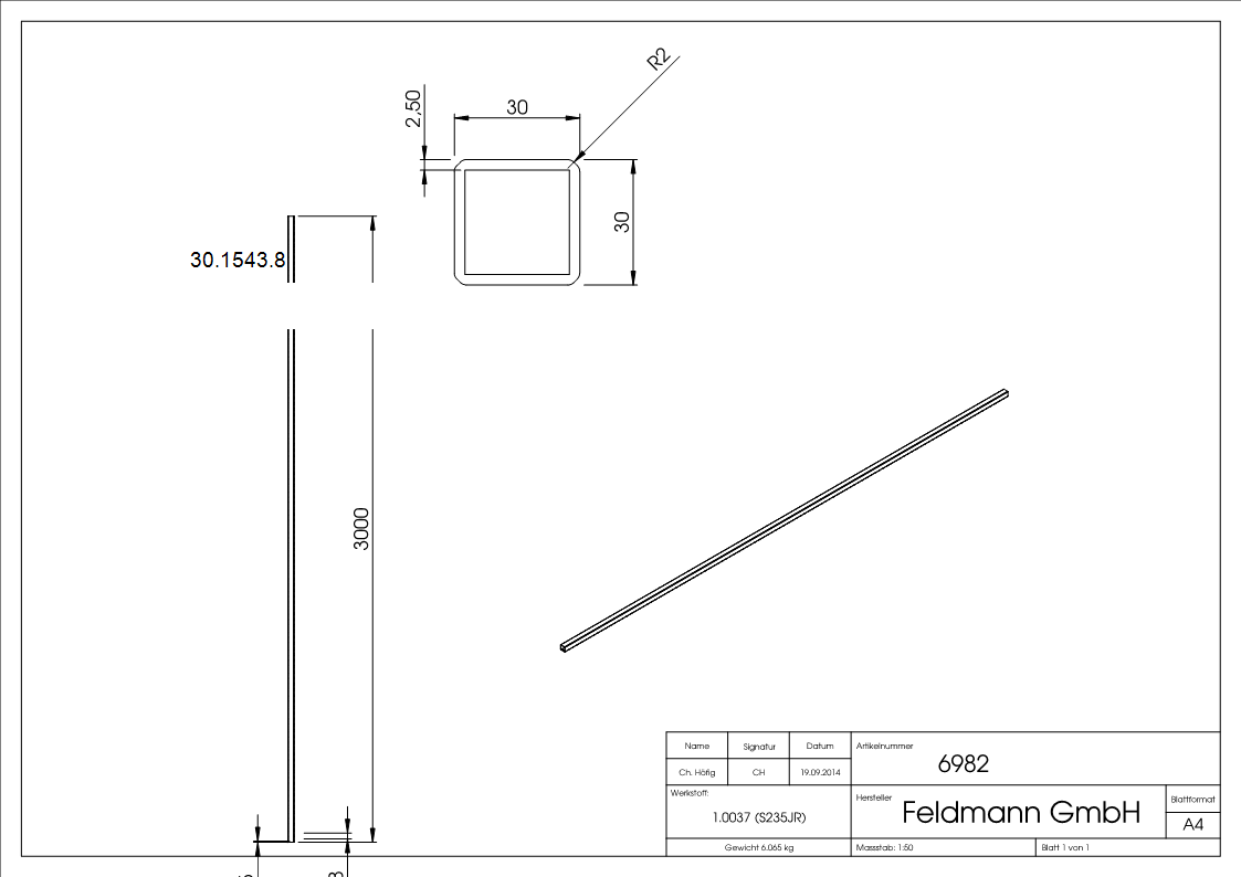 Quadratrohr gehaemmert 30x30x2-5 mm 3000 mm Stahl S235JR- roh-30-1543.8