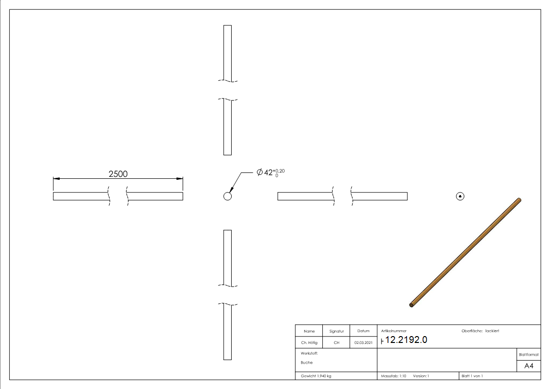 Holzhandlauf Buche- D=42mm- Laenge 2500mm-12-2192.0