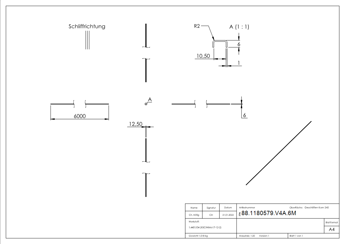 Kantenschutz EXTRA SLIM- fuer Glas 8-00 - 9-52mm- L=6m- Edelstahl V4A-88-1180579-V4A.6M