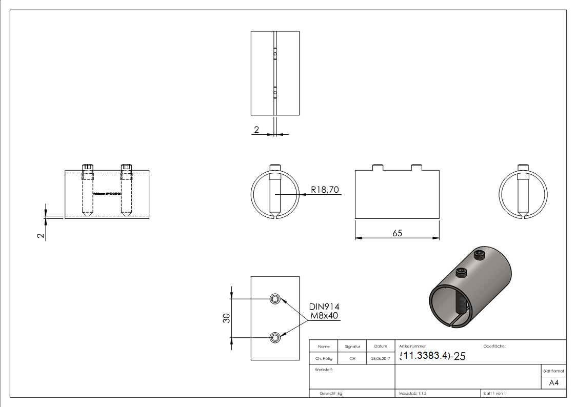 Verbindungshuelse V2A fuer Rohr Ø 42-4 x 2-5 mm- L 65 mm- mit Schrauben-11-3383.4