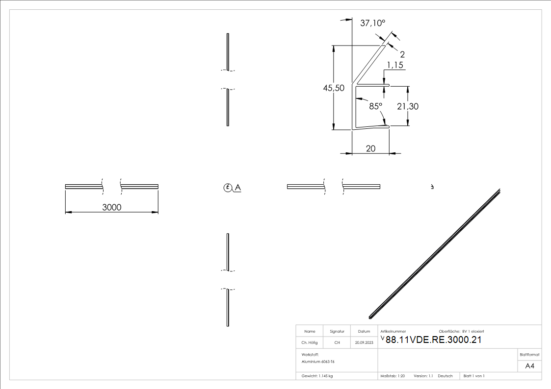 Regenrinne fuer Vordaecher- Glas 21-52mm- L=3000mm- E4-EV1-88-11VDE-RE-3000.21