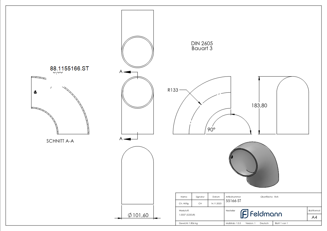 Rohrbogen 90° Stahl roh - 101-6 x 3-6 mm -3 ½- - Bauart 3-88-1155166.ST