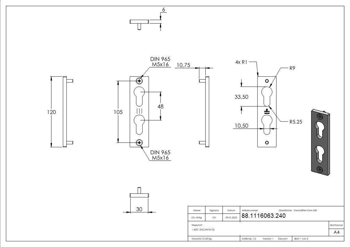 Zylinderrosette fuer zwei Profilzylinder- 32x120x6mm- V2A-88-1116063.240