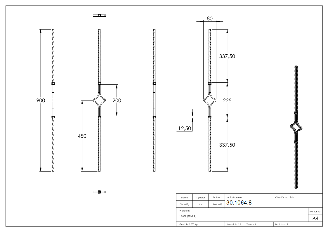 Zierstab - Laenge- 900 mm - Material- 12x12mm - gehaemmert - Stahl -Roh- S235JR-30-1064.8
