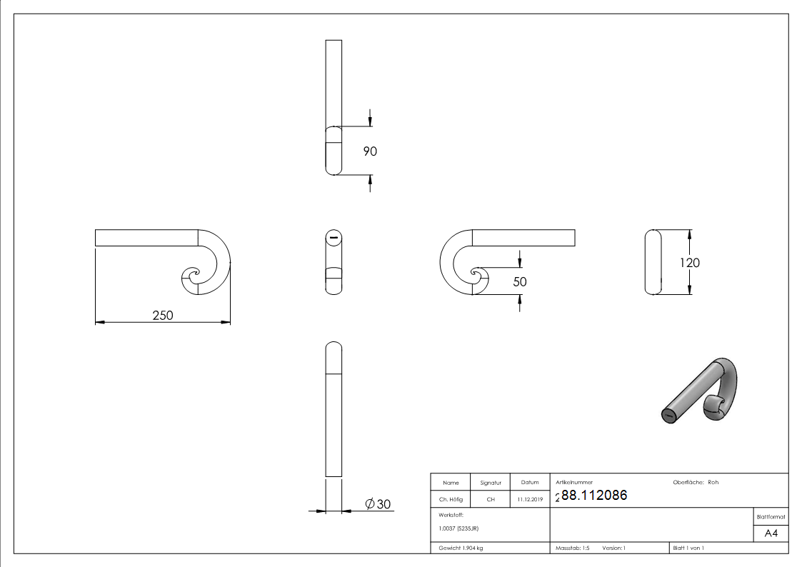Handlaufanfaenger Stahl S235JR Ø 30 mm- ca- 250 x 120 mm- gerollt-88.112086