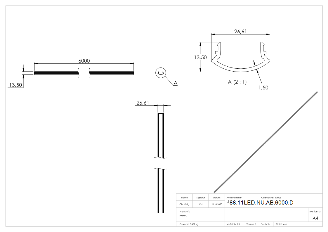 LED Abdeckung PMMA fuer Nutrohr Ø 42-4 mm- 6000 mm diffus-88-11LED-NU-AB-6000.D