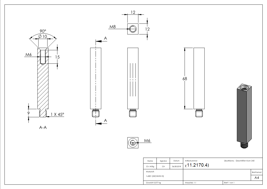 Edelstahl Vierkant-Traegerstift 12x12 mm - Laenge 68 mm - Aussen - und Innengewinde -V2A-11-2170.4