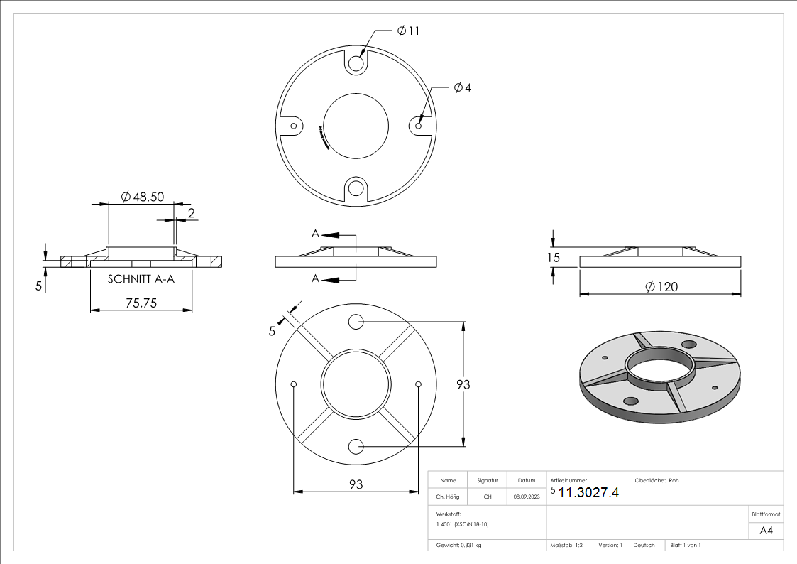 Ankerplatte Masse- Ø 120x8 mm Mittelbohrung Ø 48-5 mm V2A- roh-11-3027.4