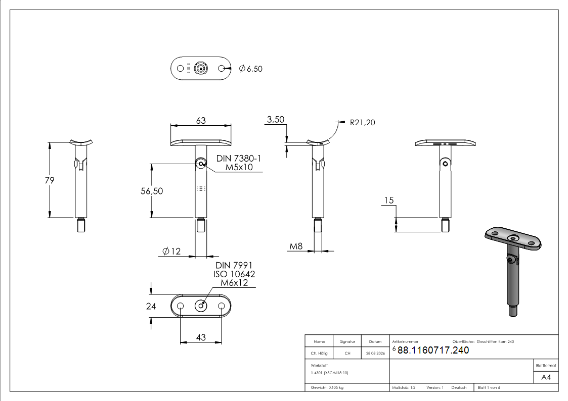 Gelenkstift V2A Ø 12 mm mit Platte fuer Rohr Ø 42-4 mm H 78 mm-88-1160717.240