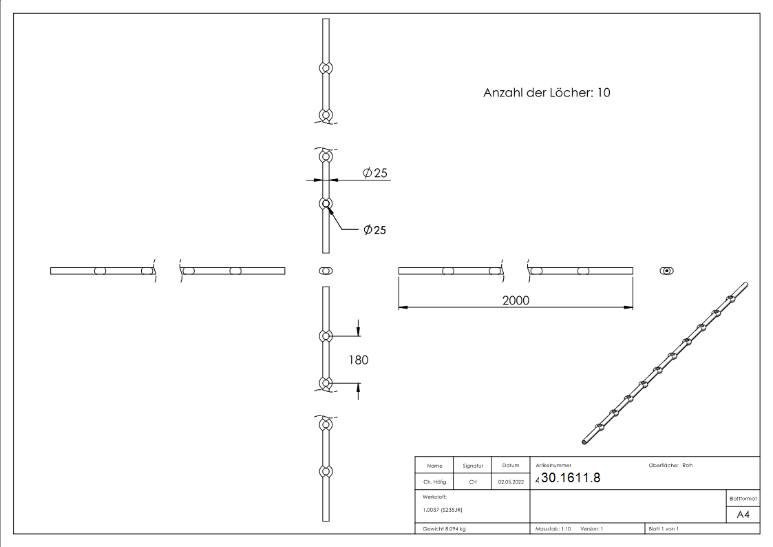 Lochleiste mit Rundloch Material- Ø 25 mm Laenge- 2000 mm Stahl -Roh- S235JR-30-1611.8