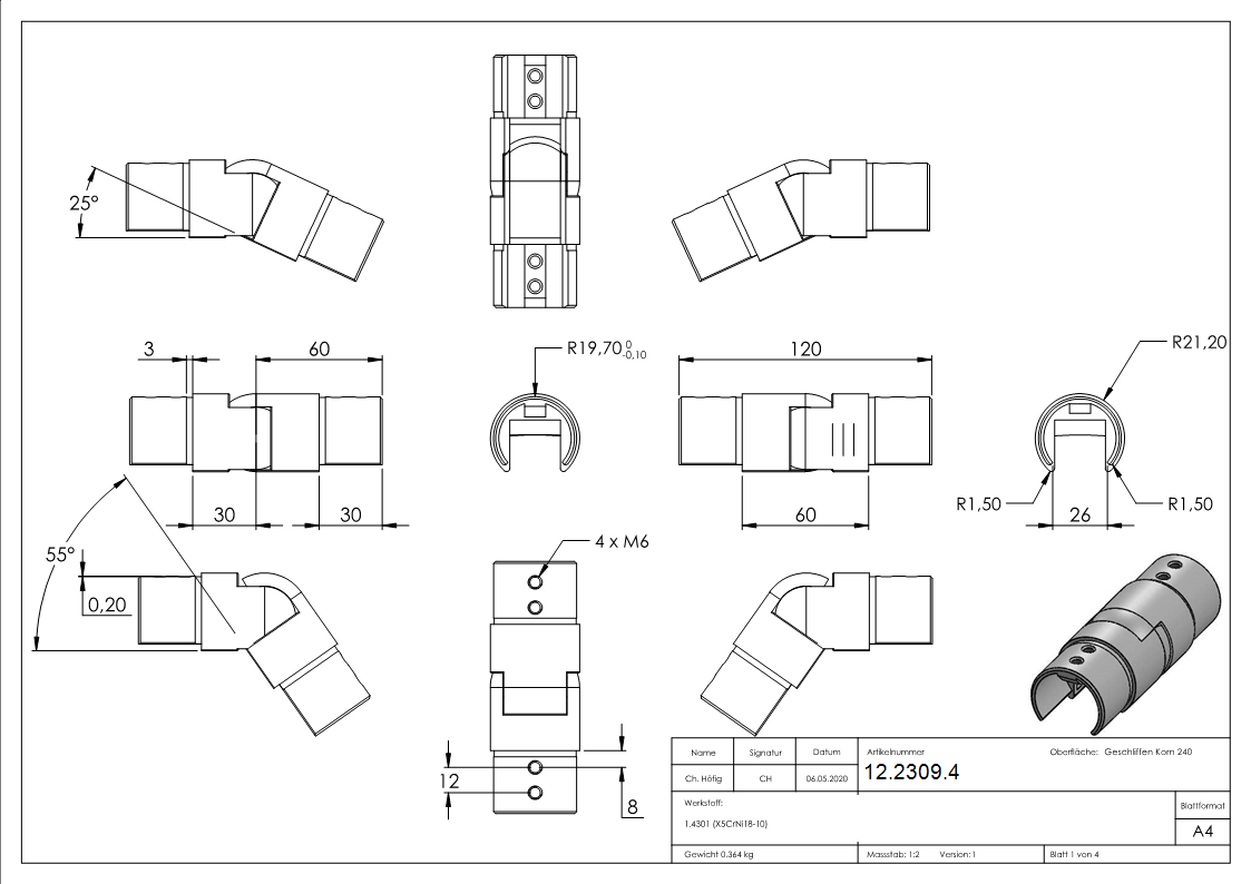 Verbinder flexibel - abwaerts 25-55° - fuer Nutrohr Ø 42-4 mm - V2A-12-2309.4