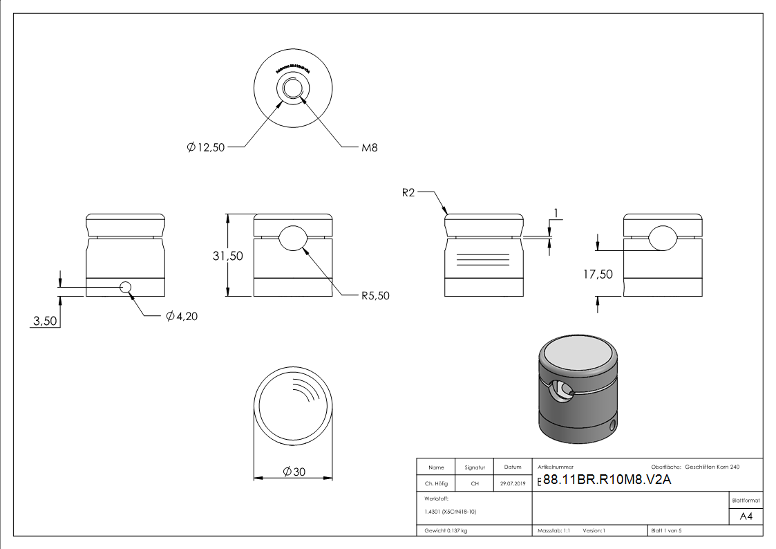 BRENK-fix® Grundhalter fuer Staebe Ø 10mm- V2A-88-11BR-R10M8.V2A