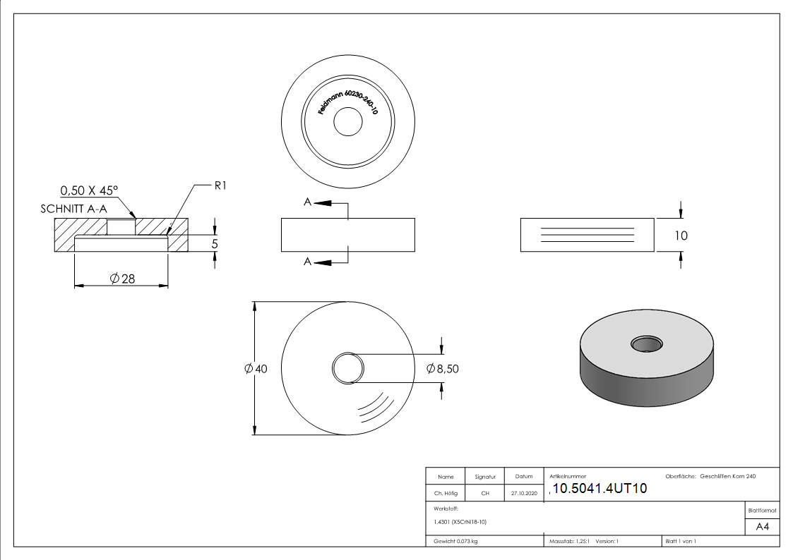 Glaspunkthalter-Unterteil Ø 40 mm- V2A- Hoehe- 10 mm-10-5041.4UT10