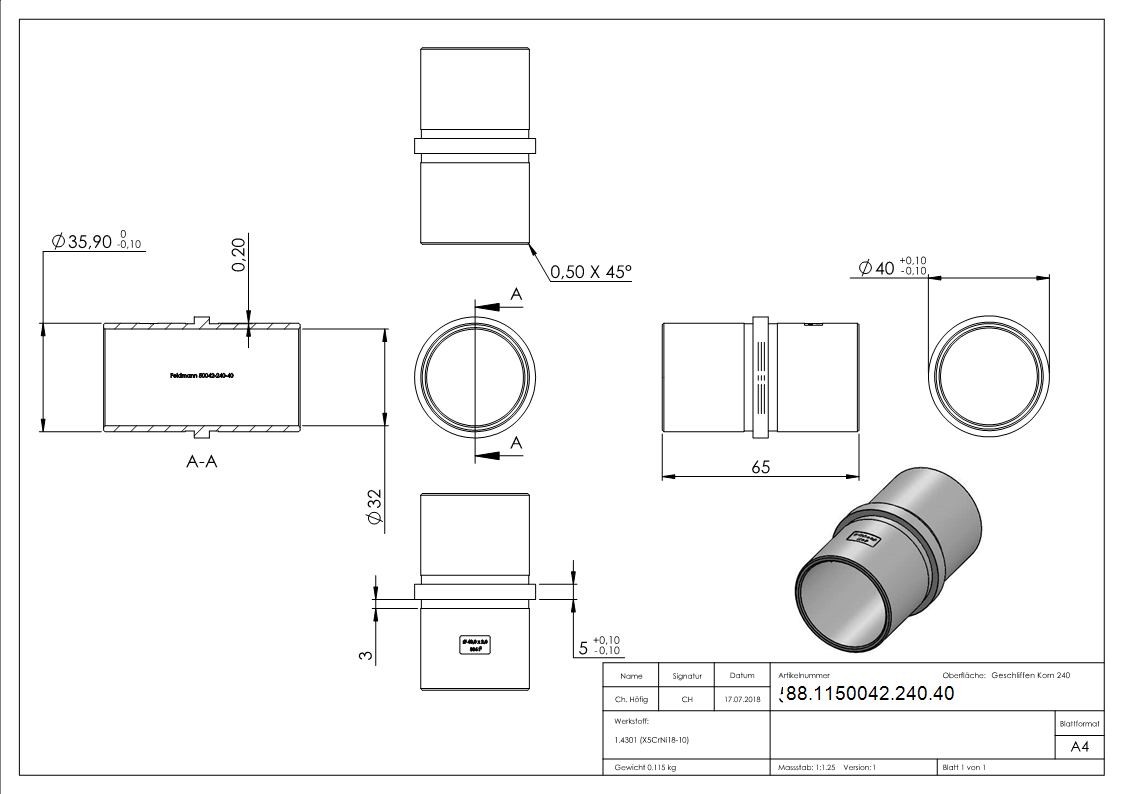 Steckverbinder V2A fuer Rohr Ø 40-0x2-0 mm mit Mittelsteg-88-1150042-240.40