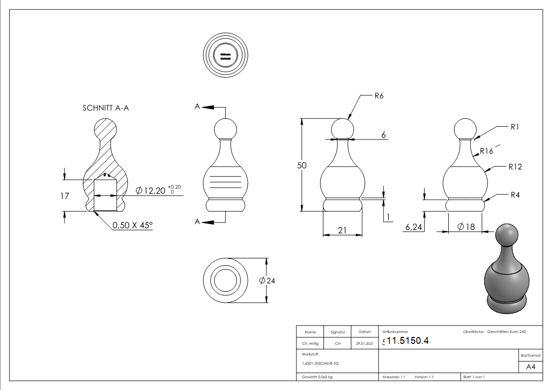Zierspitze 50x24 mm zum Kleben fuer Rundstaebe V2A-11-5150.4