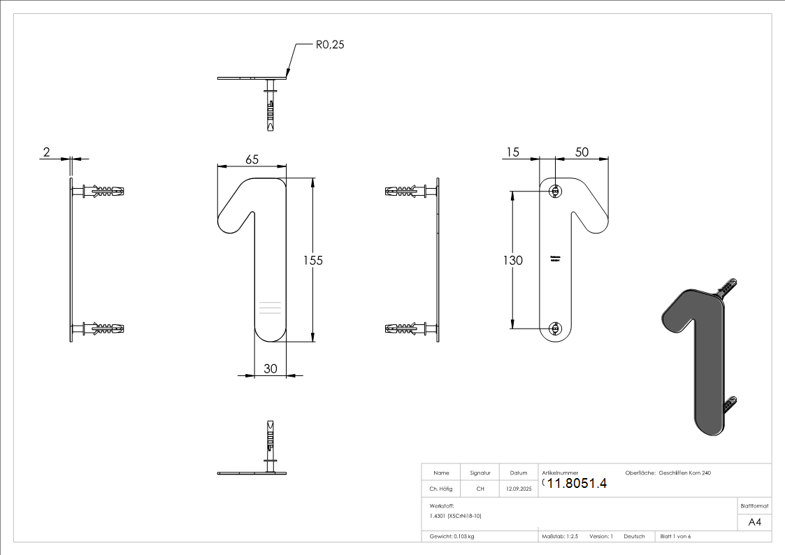 Hausnummer 1 - klein - Masse- 110 mm x 150 mm - V2A-11-8051.4