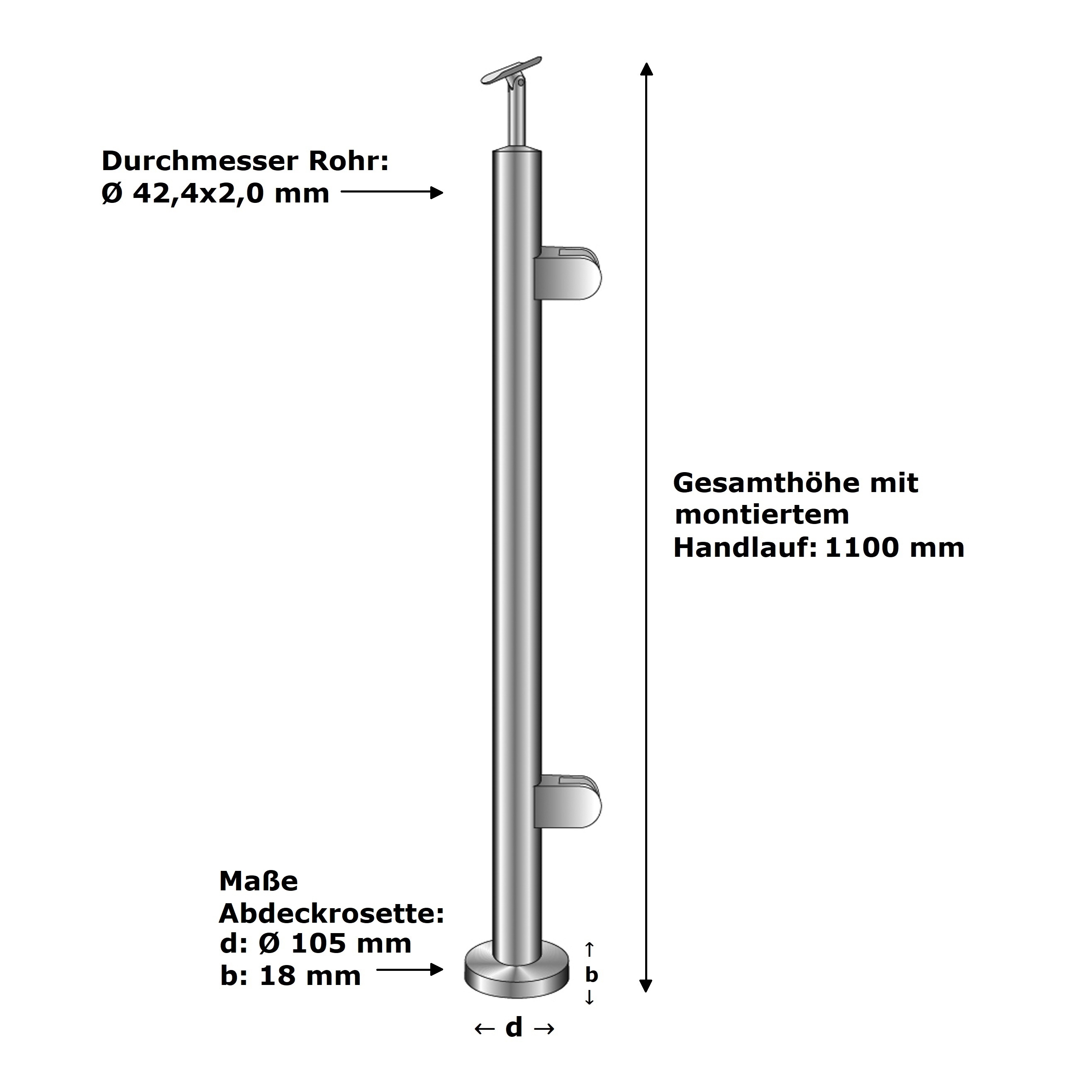 Gelaenderpfosten - Endpfosten rechts - fuer aufgesetzte Montage - Laenge- 1100mm - V2A-14-0033RG-A.4