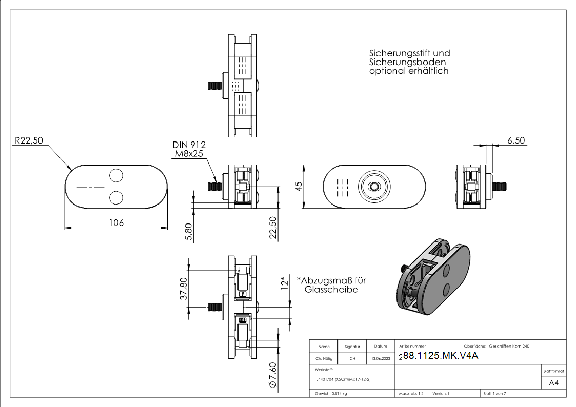 Sichtschutz Mittelglasklemme Mod- 25- in V4A-88-1125-MK.V4A