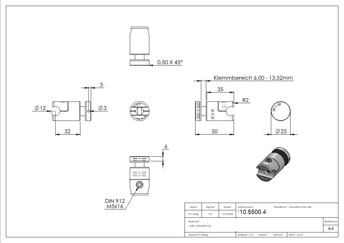 Klemmhalter fuer Rundstab 12 mm mit Glaspunkthalter Ø 25 mm V2A-10-5500.4