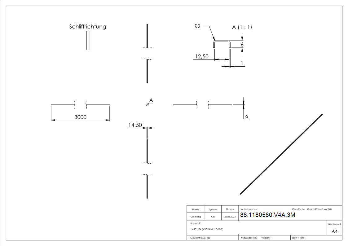 Kantenschutz EXTRA SLIM- fuer Glas 10-00 - 11-52mm- L=3m- Edelstahl V4A-88-1180580-V4A.3M