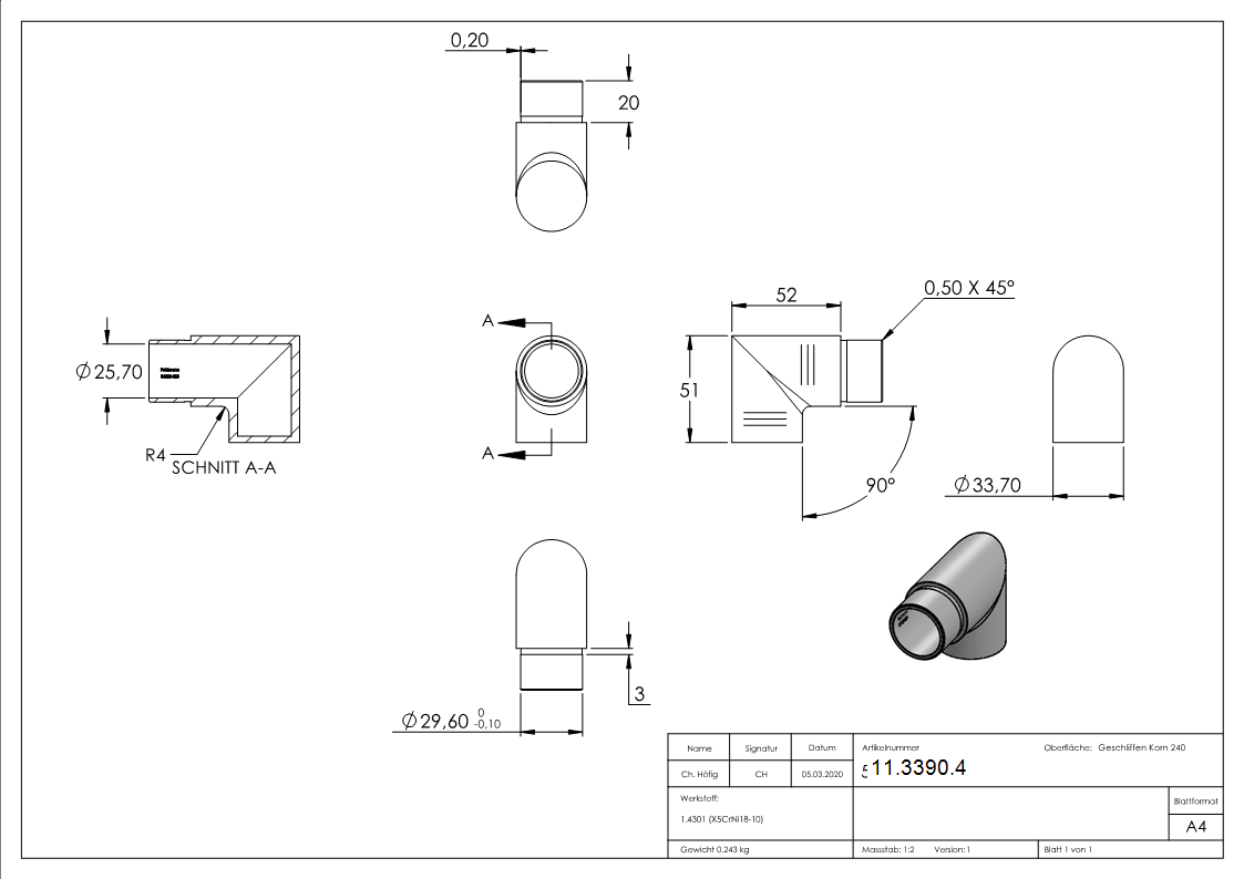 Endstueck 90° flach-eckig- fuer Rundrohr Ø 33-7x2-0 mm V2A-11-3390.4