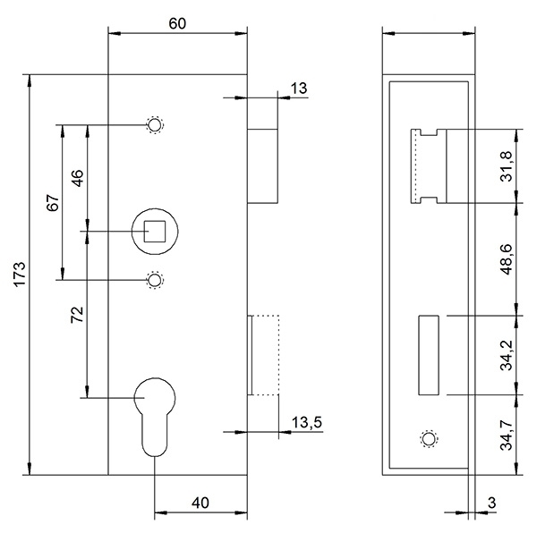 Schlosskasten - Masse- 173x60x30 mm - Dorn- 40 mm - Stahl -roh- S235 JR Abstand 72 mm-30-3200.8
