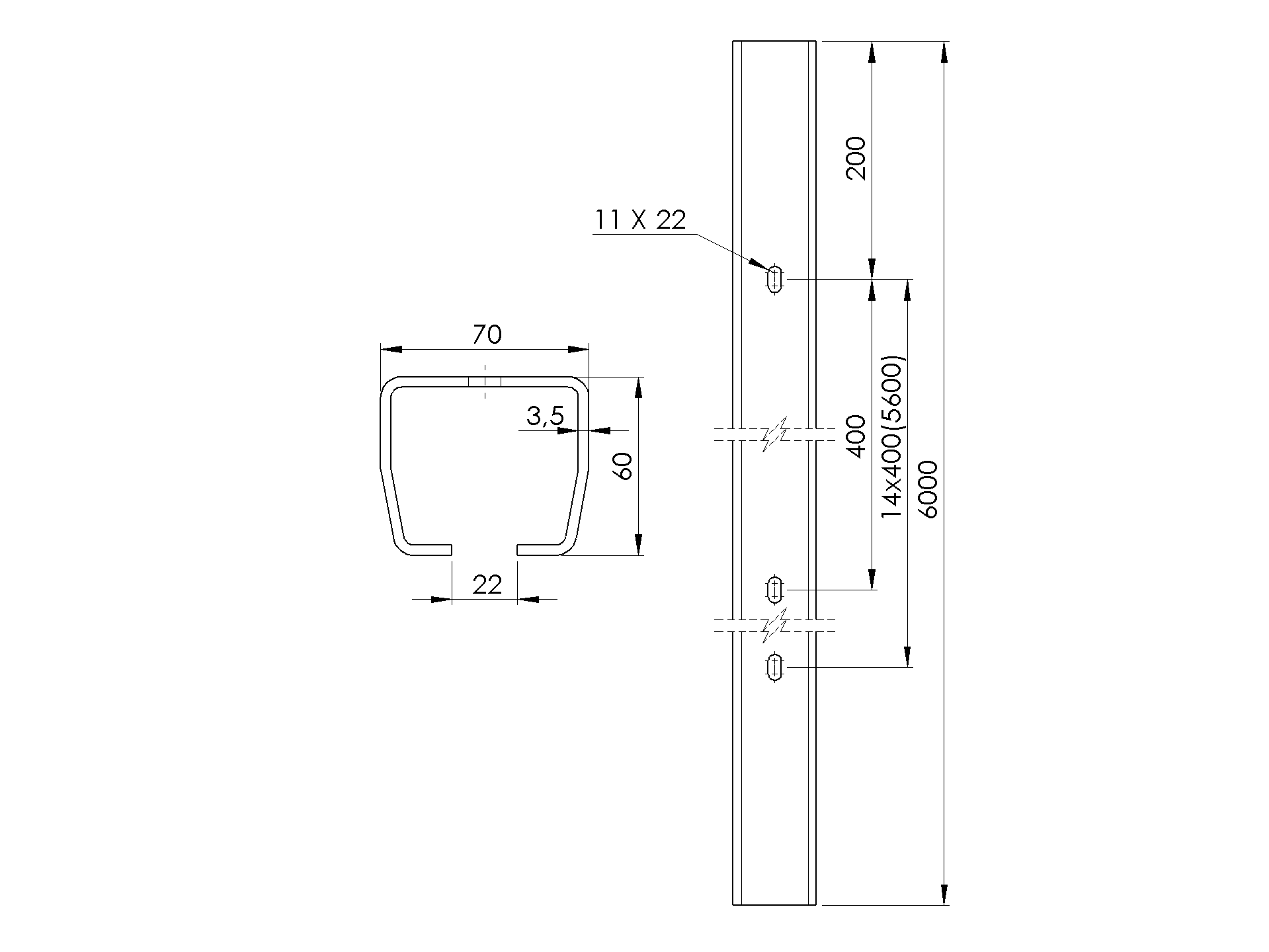 Laufschiene Stahl verzinkt 70 x 60 x 3-5 mm mit Bohrungen L = 6000 mm-89-11H0270X60ZND6000-A.4