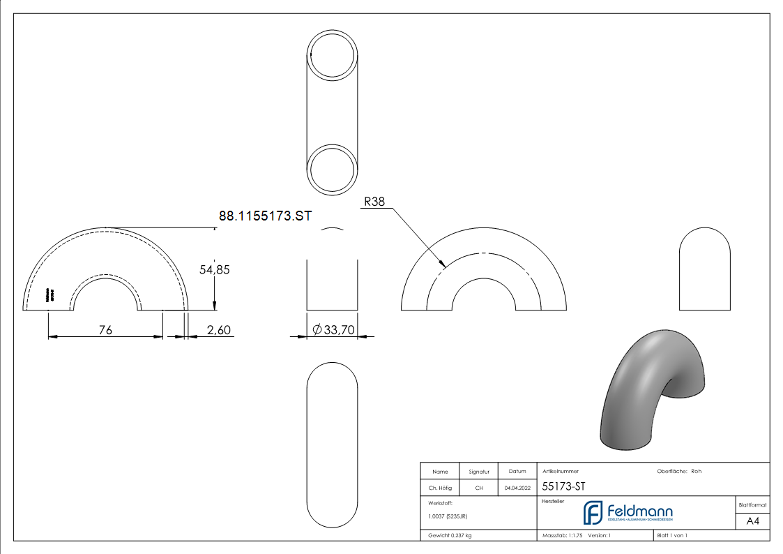Rohrbogen 180° Stahl roh - 33-7 x 2-6 mm -1- - Bauart 3-88-1155173.ST