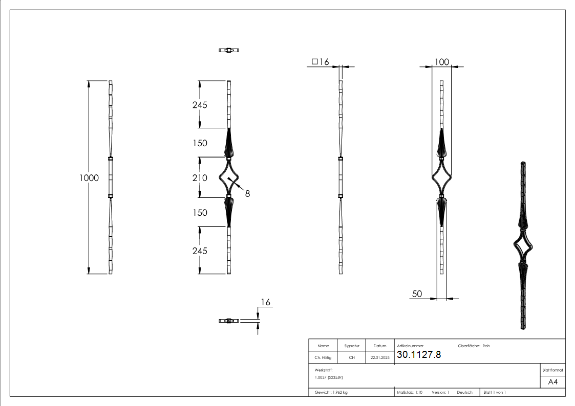 Zierstab - Laenge- 900 mm - Material- 16x16 mm gehaemmert - Stahl S235JR- roh-30-1127.8