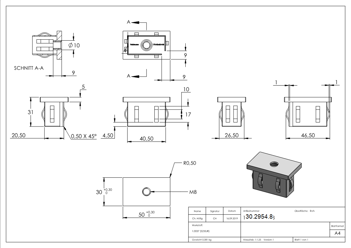 Stahlstopfen flach - mit M8 - fuer Rohr 50x30x2-0-3-0 mm - Stahl S235JR- roh-30-2954.8