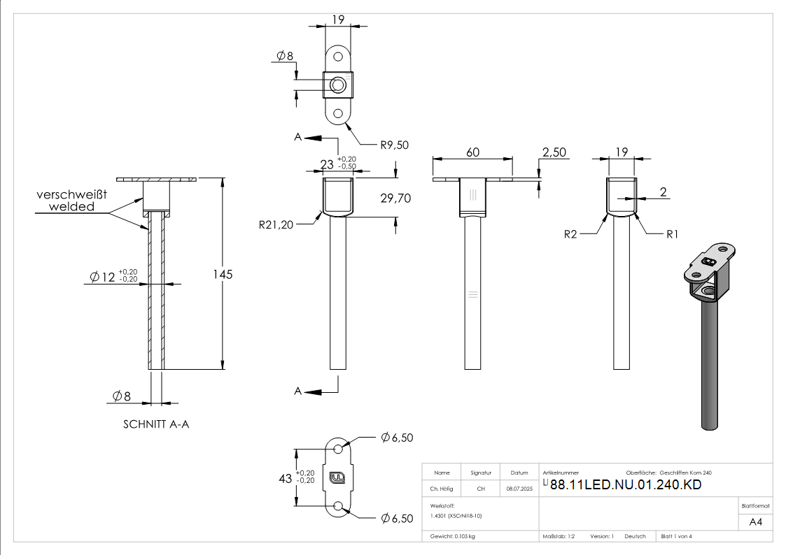 Anschlussstift V2A 145 mm Ø12 mm hohl LED-Handlauf Kabeldurchfuehrung-88-11LED-NU-01-240.KD