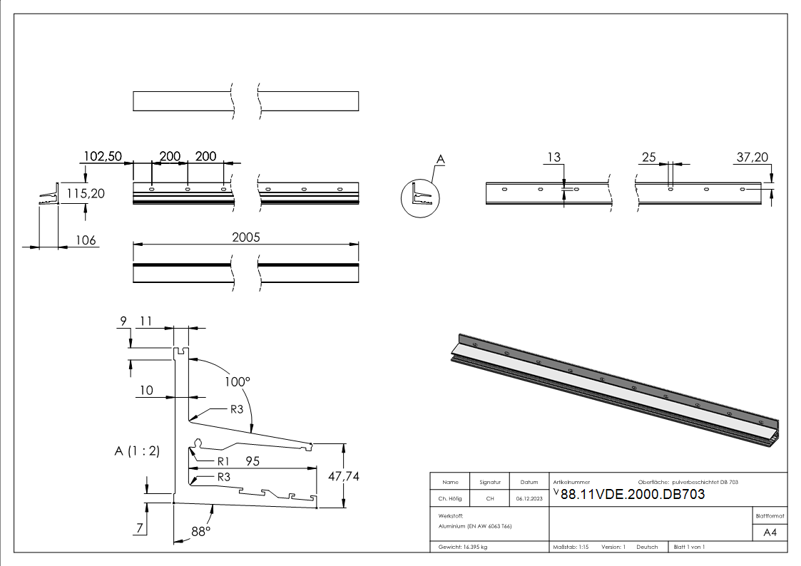 Vordachprofil eleganza canopy- L- 2005mm- DB703-88-11VDE-2000.DB703