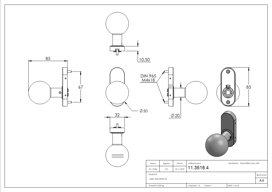 Tuerdruecker gerade mit Kugel Ø 50 mm drehbar V2A-11-3516.4