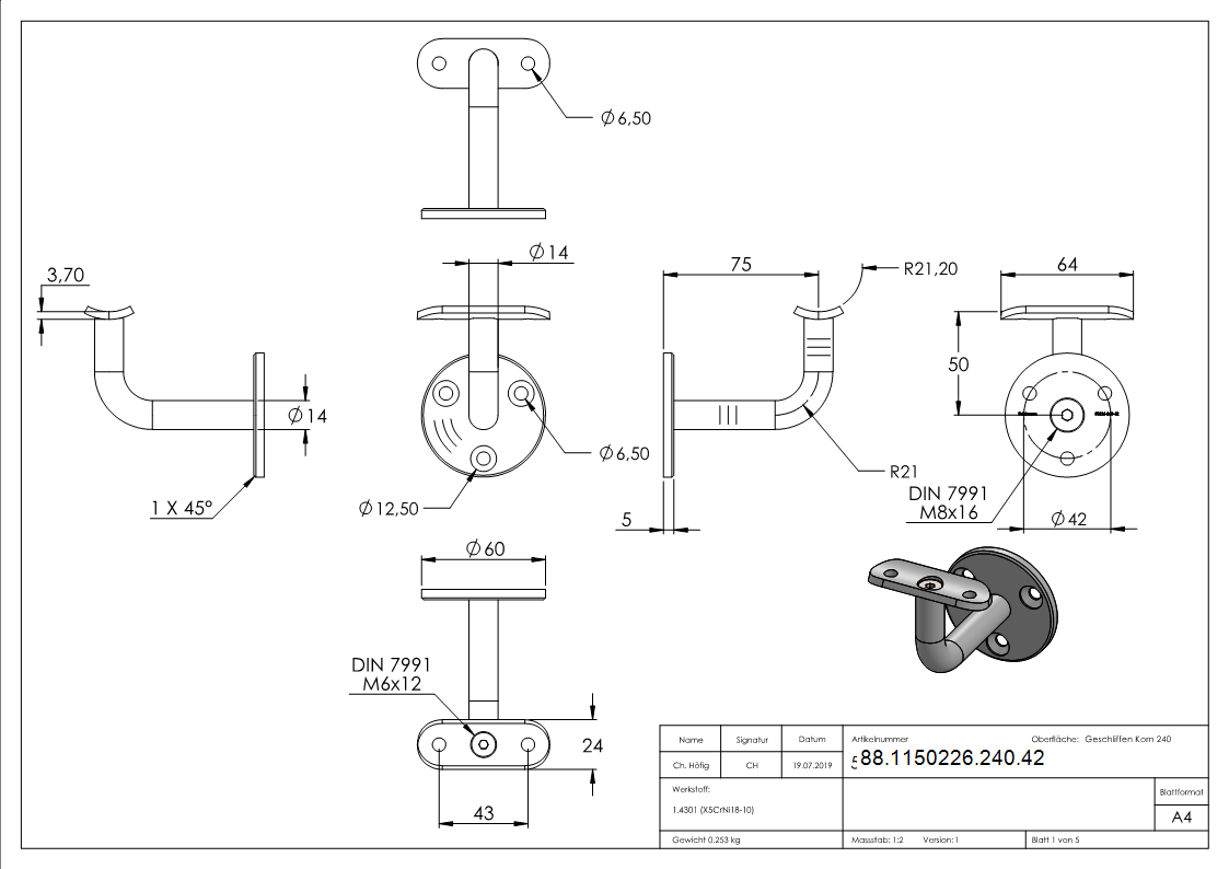Handlaufhalter V2A fuer Rohr 42-4 mm Wandabstand 74 mm ohne Kabeldurchfuehrung-88-1150226-240.42