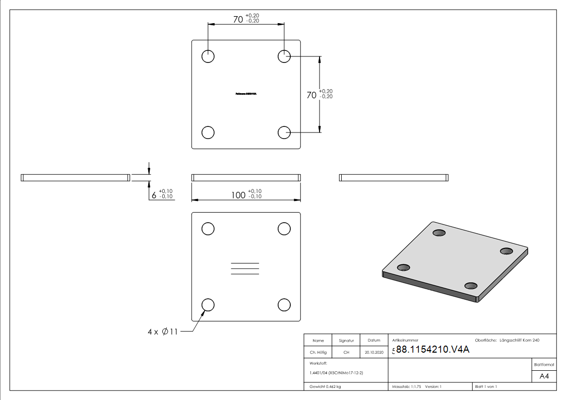 Ankerplatte- 100 x 100 x 6mm- mit Laengsschliff- V4A-88-1154210.V4A