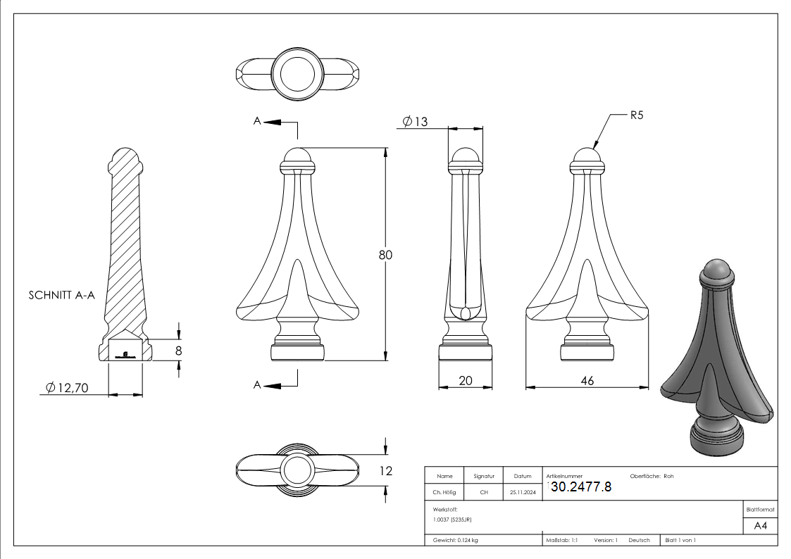Zaunspitze 20 mm mit 80 mm Hoehe-Bohrung 12-3 mm-30-2477.8