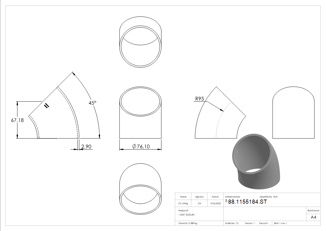 Rohrbogen 45° Stahl roh - 76-1 x 2-9 mm -2 ½- - Bauart 3-88-1155184.ST