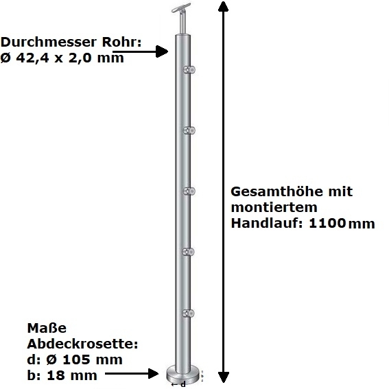 Gelaenderpfosten Edelstahl AISI 304 D42-4mm 1000 mm fuer Treppe obere Verankerung 5x Fuellstabhalter D12mm-14-0066RR-A.4