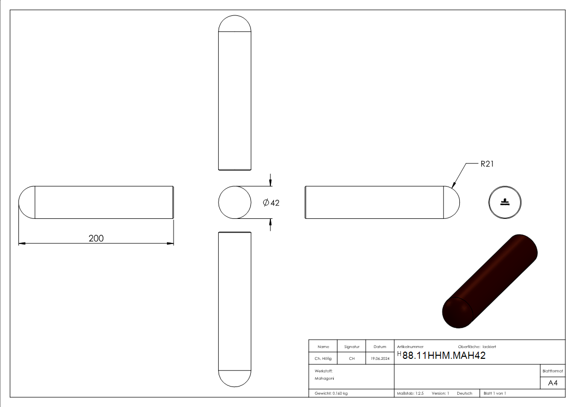 Holzhandlauf Mahagoni Ø 42mm- Laenge 200mm- lackiert-88-11HHM.MAH42