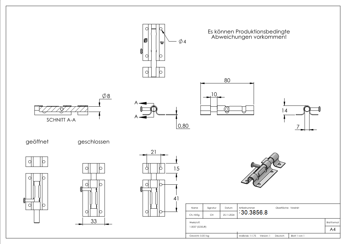 Torriegel - Laenge- 80 mm - verzinkt - zum Anschrauben-30-3856.8