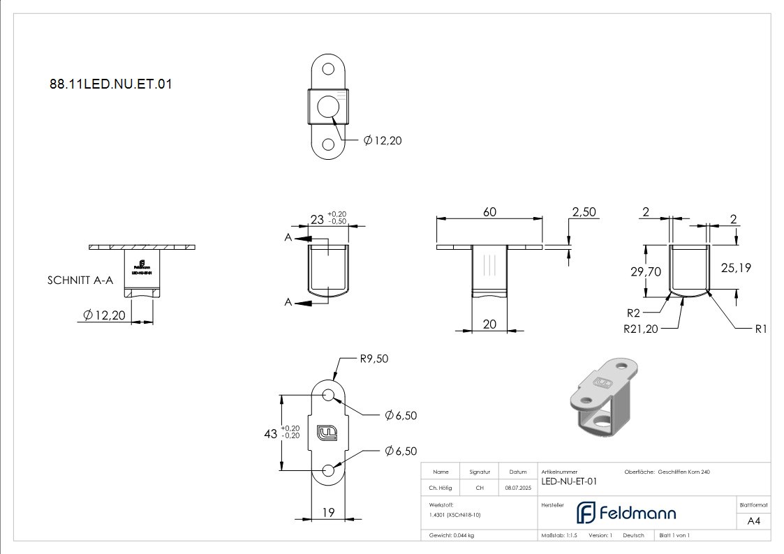 Anschlussplatte V2A 60 x 29-7 mm fuer Nut 24x24mm Kabeldurchfuehrung Ø12-2mm-88-11LED-NU-ET.01