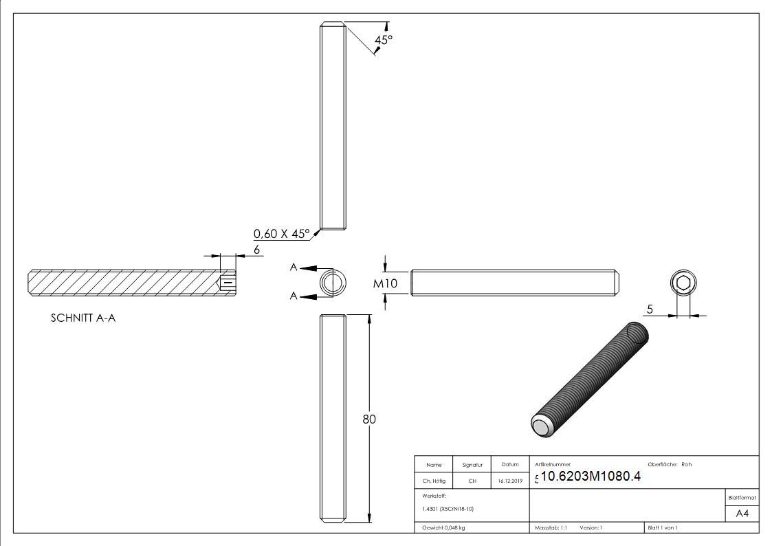 Gewindestift V2A M10x80 Innensechskant Kegelkuppe DIN 913-10-6203M1080.4