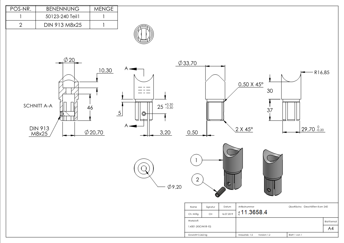 Anschlussstueck 90° fuer Rundrohr Ø 33-7x2-0 mm V2A-11-3658.4