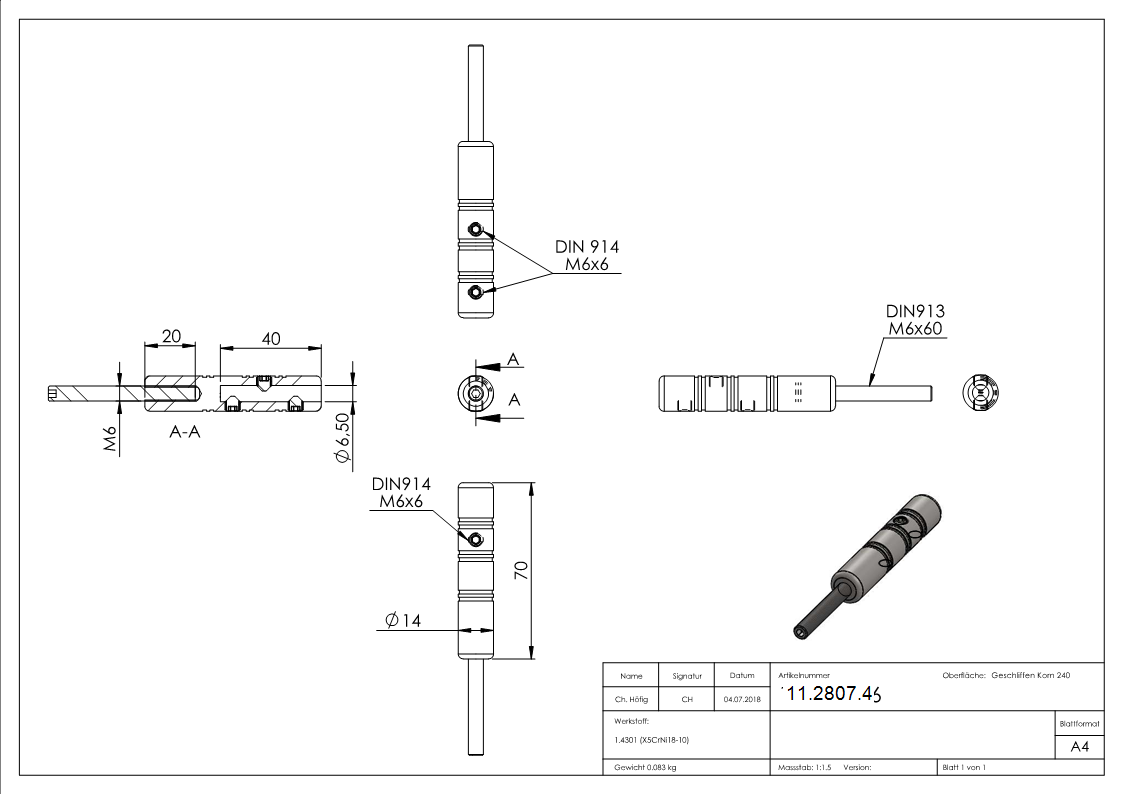 Gewindeterminal zur Selbstmontage - Fuer Seil- Ø 6 mm - mit Aussengewinde - V2A-11-2807.4