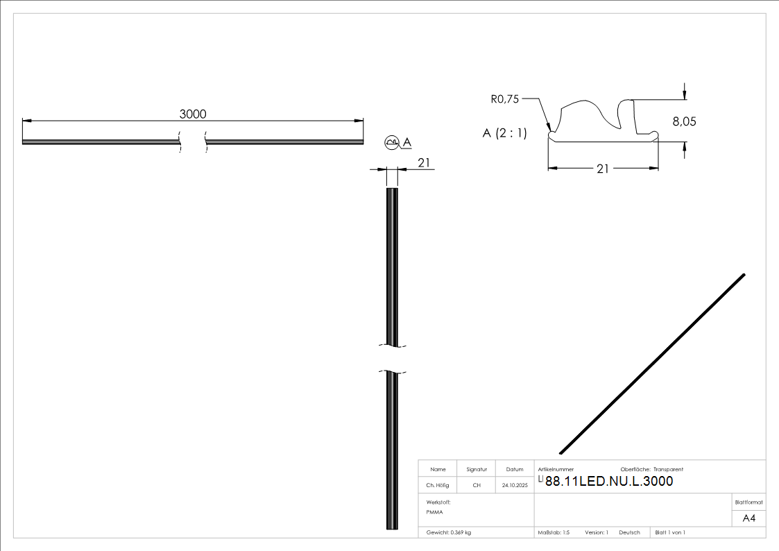 LED-Nutrohr Linse PMMA 3000 mm fuer gerichtete Lichtverteilung-88-11LED-NU-L.3000